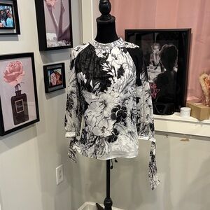 White House Black Market Monochrome Floral Blouse
